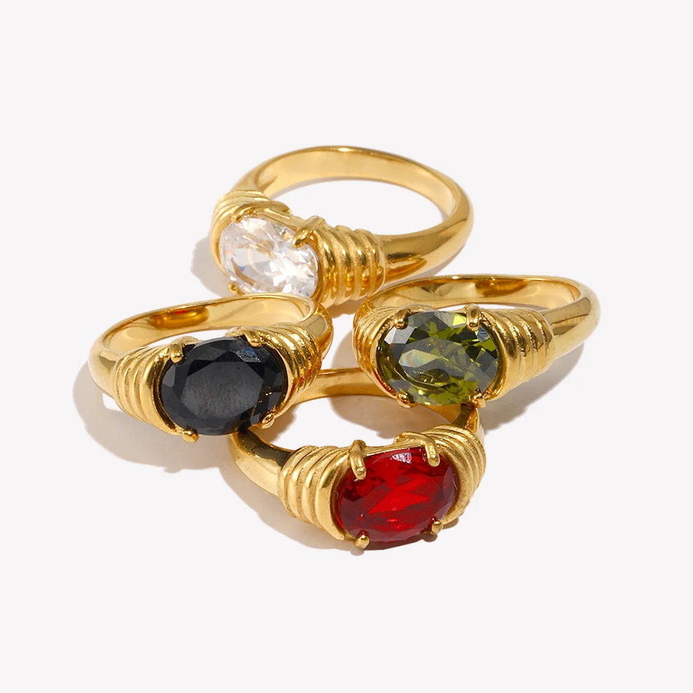 E.B.belle Anillo de piedra roja verde brillante con circonita ovalada de ajuste de punta fuerte, anillos chapados en oro de 18 quilates de acero inoxidable para mujer