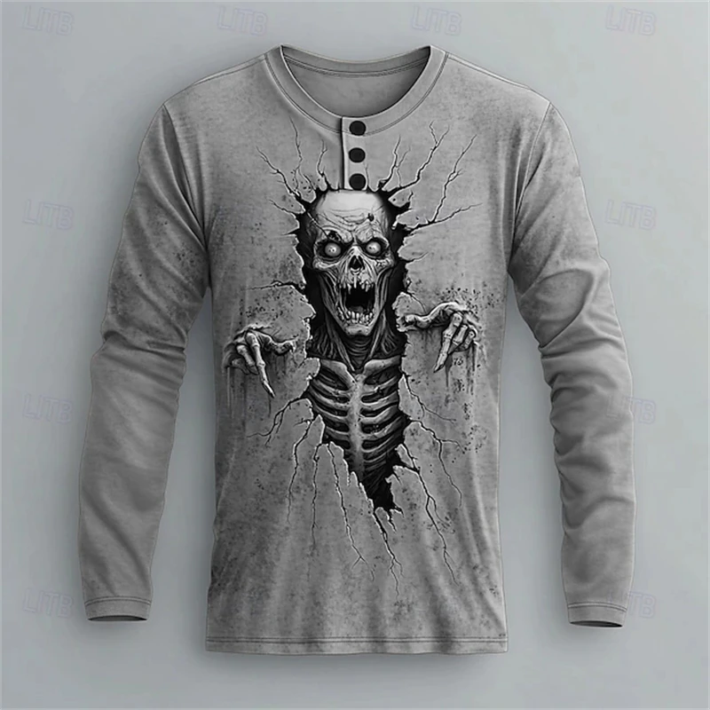 New Men's Gray 3D “Breaking Through The Wall” Skull Print Henley T-Shirt—Halloween Horror-Themed Long-Sleeve Casual Top