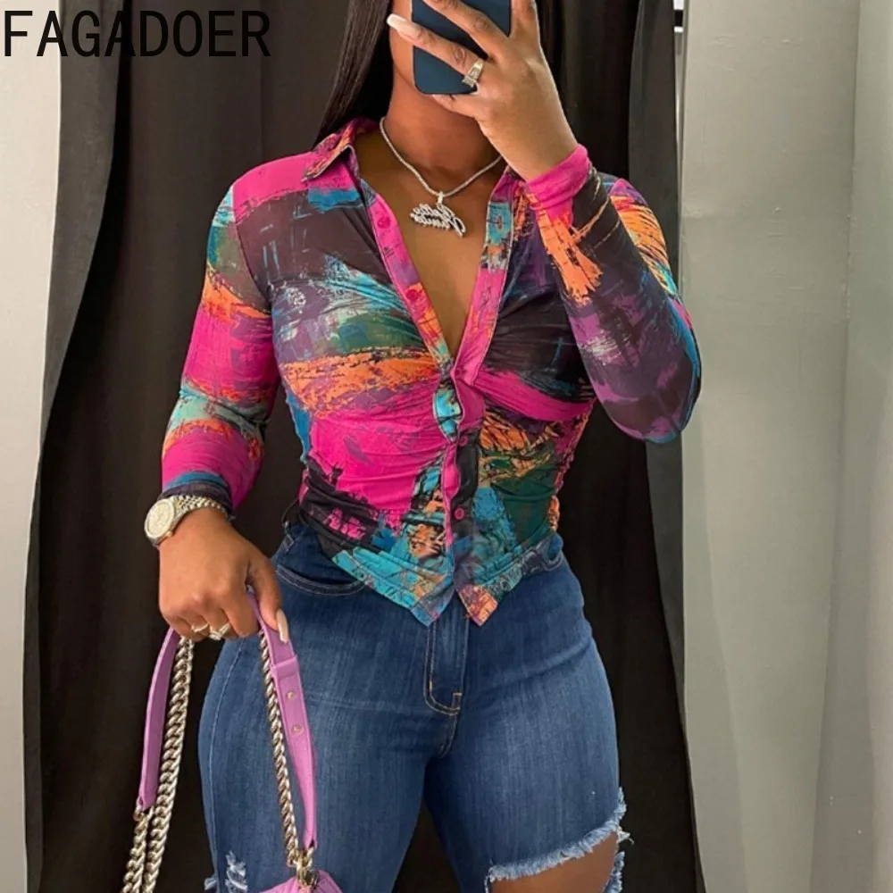 FAGADOER Fashion Tie Dye Printing Ruched Slim Tops Women Turndown Collar Long Sleeve Button Shirts Spring New Retro Streetwear