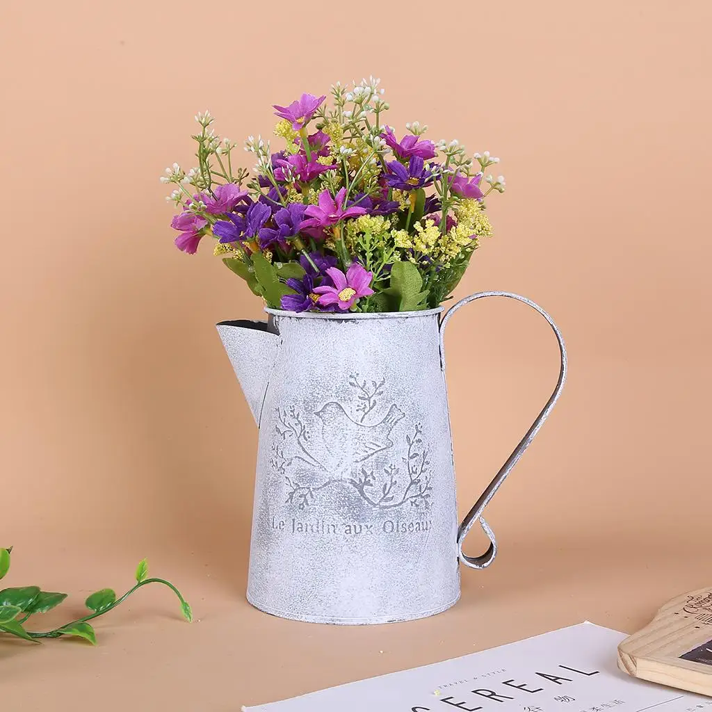 Country Rustic Galvanized Iron Jug Flower Pitcher Vase for Farmhouse Decor