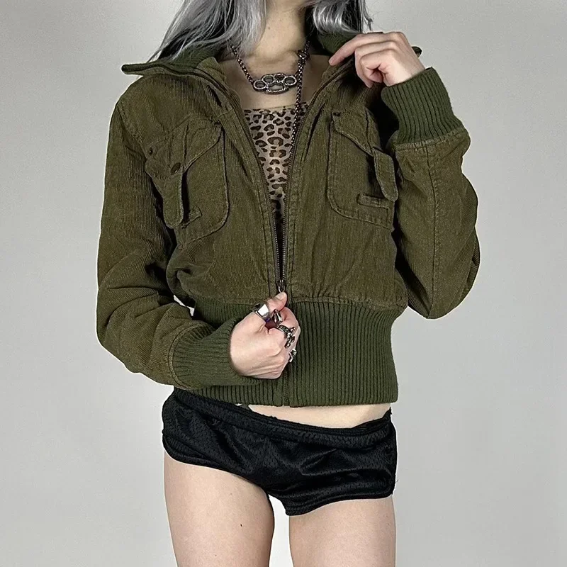 2024 Autumn/Winter New Style Lapel Corduroy Screw Thread Splicing Short Jacket Women's Vintage Multi-Pocket Zip-Up Cardigan