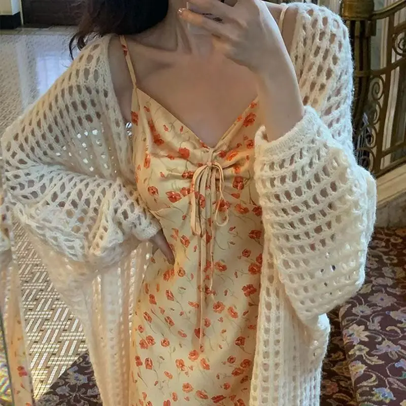 Sweater rajut wanita, Sweater rajutan berongga musim semi musim panas kasual longgar warna Solid