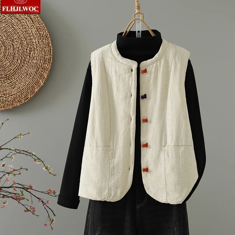 Women's Cotton Linen Quilted Vest Vintage Artistic Sleeveless Open Cardigan Fall Winter Warm Padded Waistcoat Outerwear Parkas