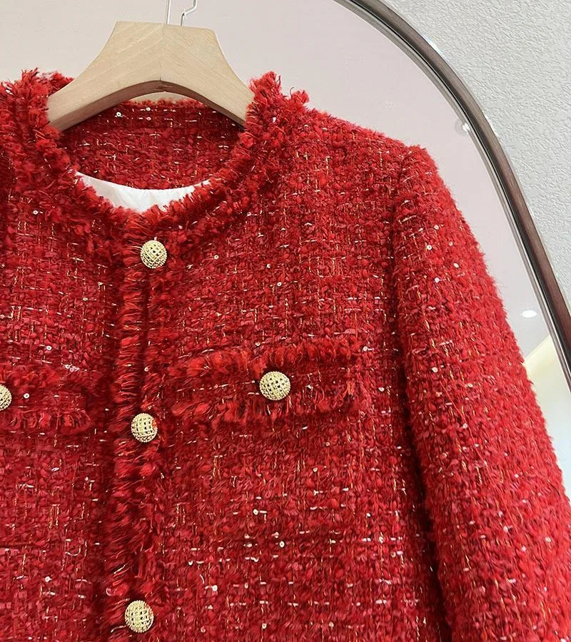 Red Cropped Tweed Coat Women Korean Fashion Long Sleeve Autumn Winter Jacket Single Breasted Down Cotton Lined Warm Lady Outwear