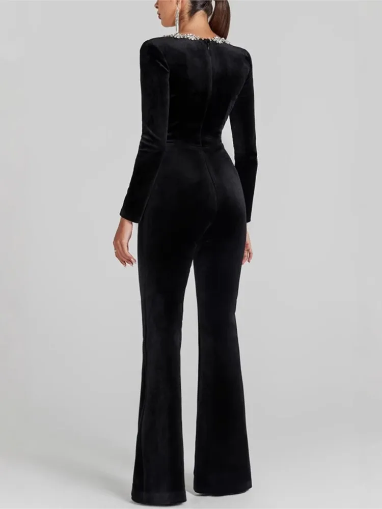 New Diamond-inlaid Velvet Square Collar Long-sleeved Slim Flared Jumpsuit Trousers Women's Autumn Intellectual Style Jumpsuit