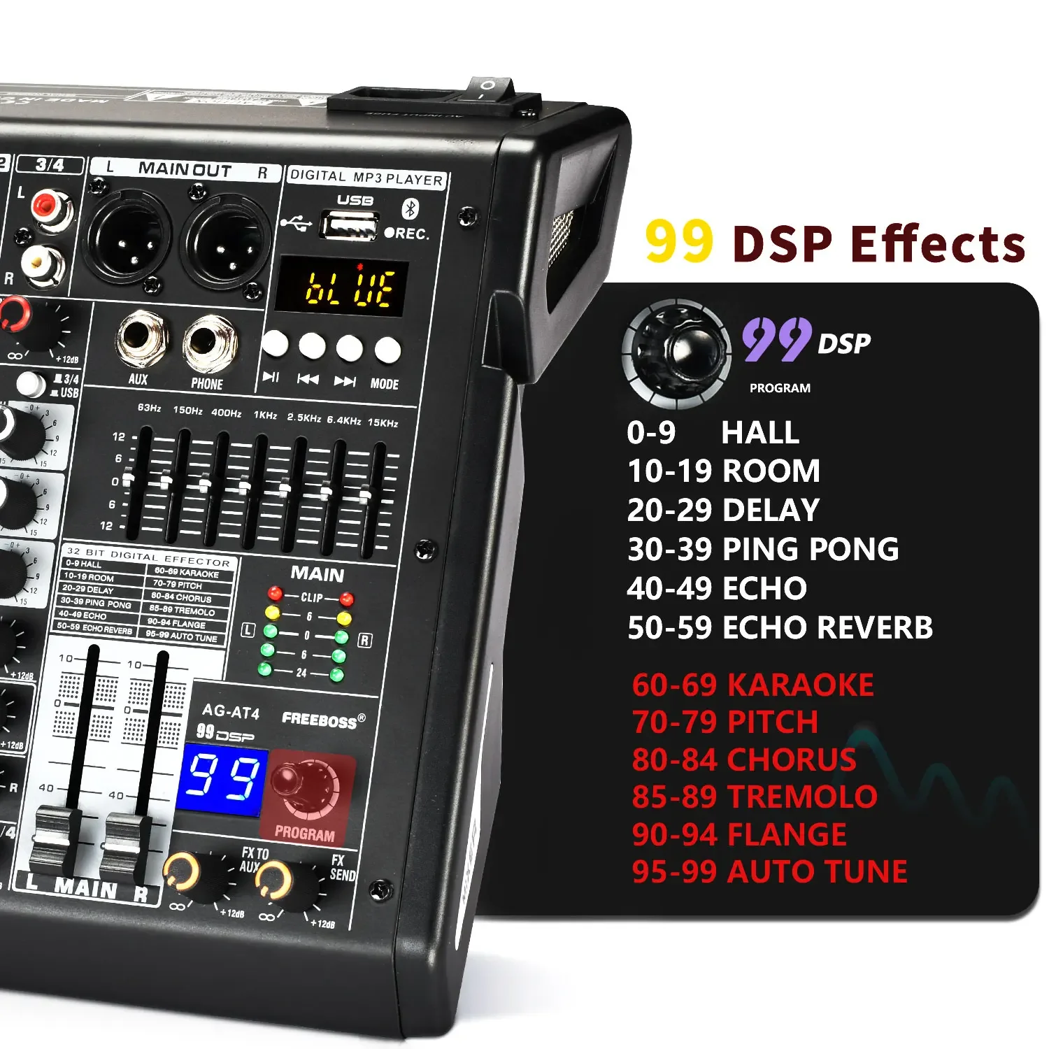 Imagem -04 - Boss-mixer de Áudio Digital 99 Dsp Canais Bluetooth 48v Phantom Power Usb Music Play Mixing Console Studio Record Ag-at4