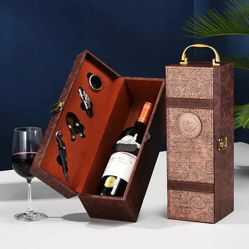 PU Leather Vintage Single Red Wine Storage Gift Box Holder Ring Paper Cutter Seahorse Knife Pourer Wooden