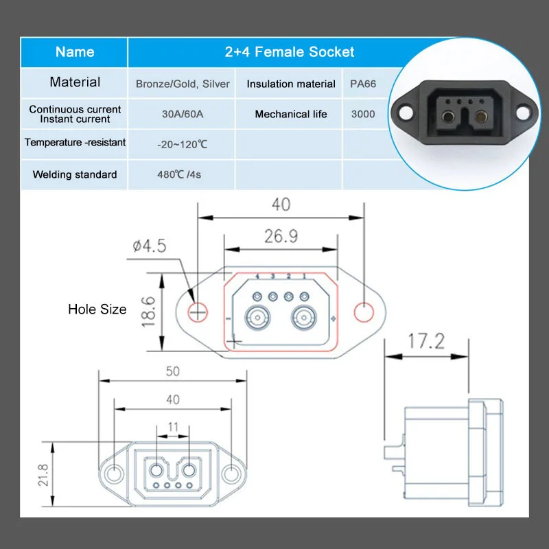 4 Square 2+4 Electric Vehicle High Current Discharging Port Adapter Charging Connector 2+6 Lithium Battery Charging Plug Socket