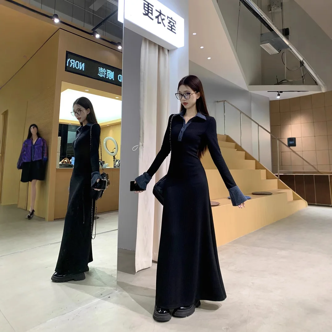 المرأة السوداء طويلة الأكمام قميص طوق فستان 2026 الخريف الشتاء الخصر Cinched سليم صالح تكدرت هيم أنيقة الأعمال فستان كاجوال