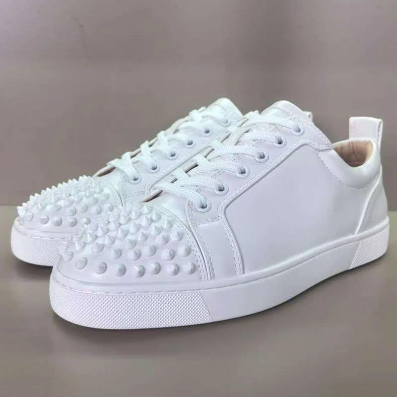 

men fashion stage nightclub rivets shoes black white original leather flats shoe designer studded sneakers spikes footwear mans