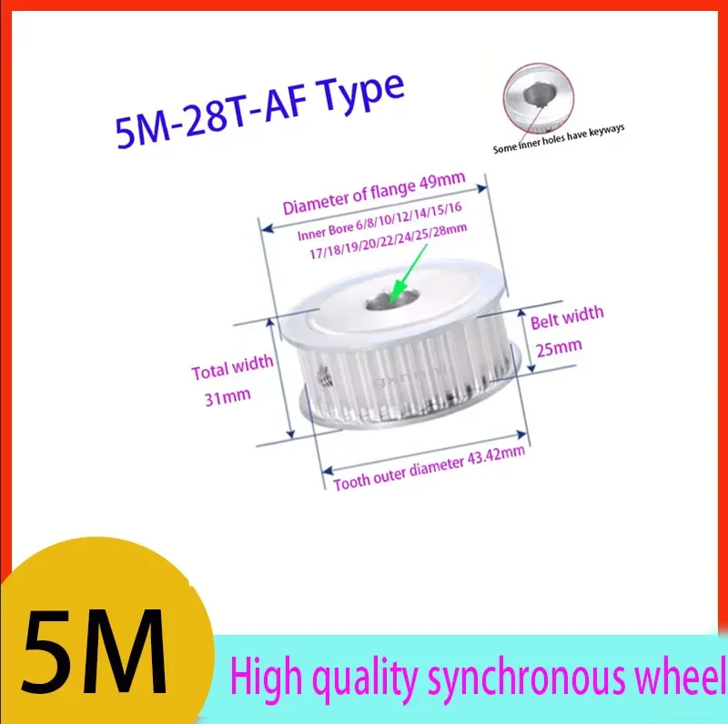 5M 28 Teeth  AF Type Timing Synchronous Pulley 5mm Pitch  Bore 6/8/10/12/14/15/16/17/18/19/20/22/24/25/28mm for Width25mm