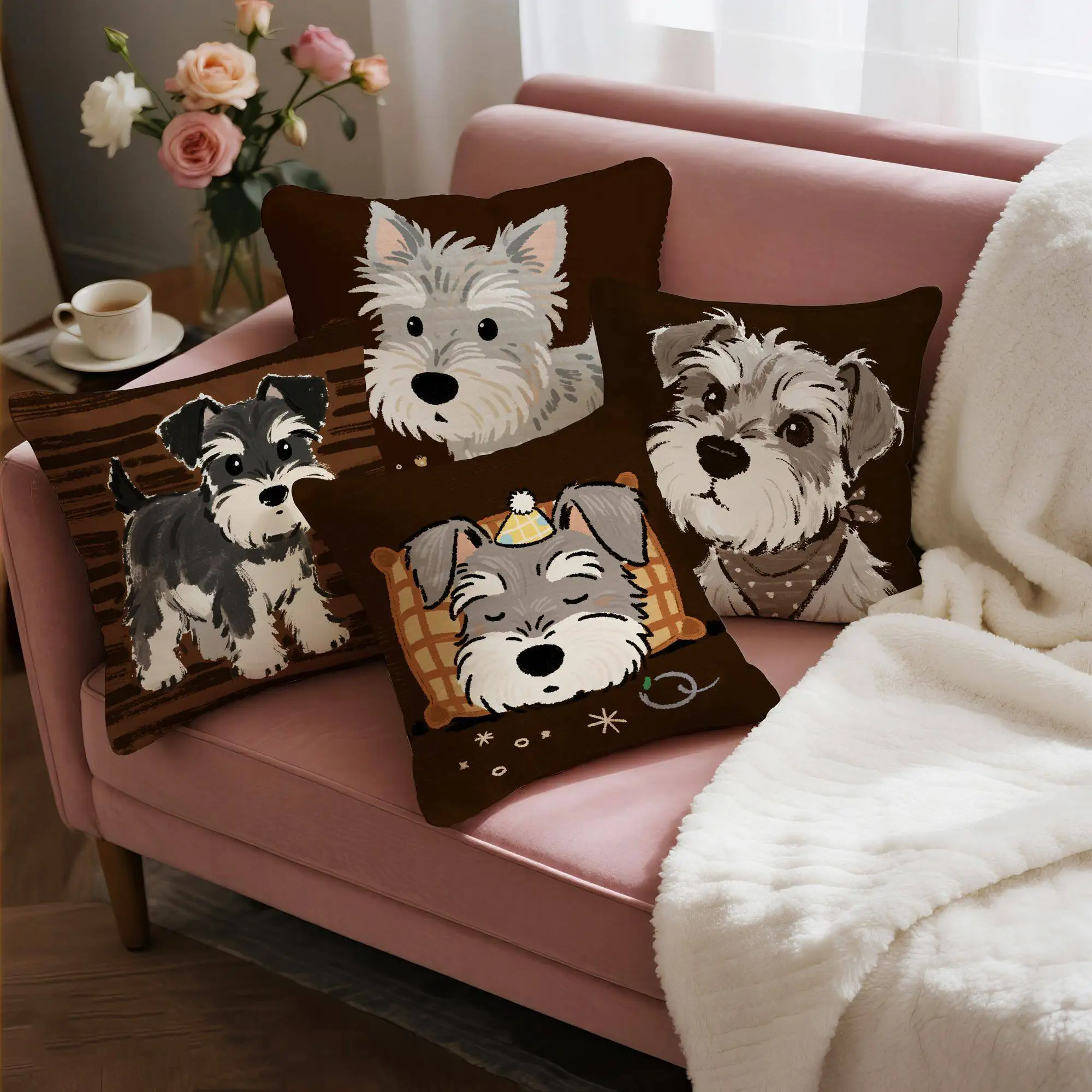Cute Brown Schnauzer Checkerboard Plaid Pillowcase Small Animal Dog Cushion Cover for Sofa And Chair Backrest