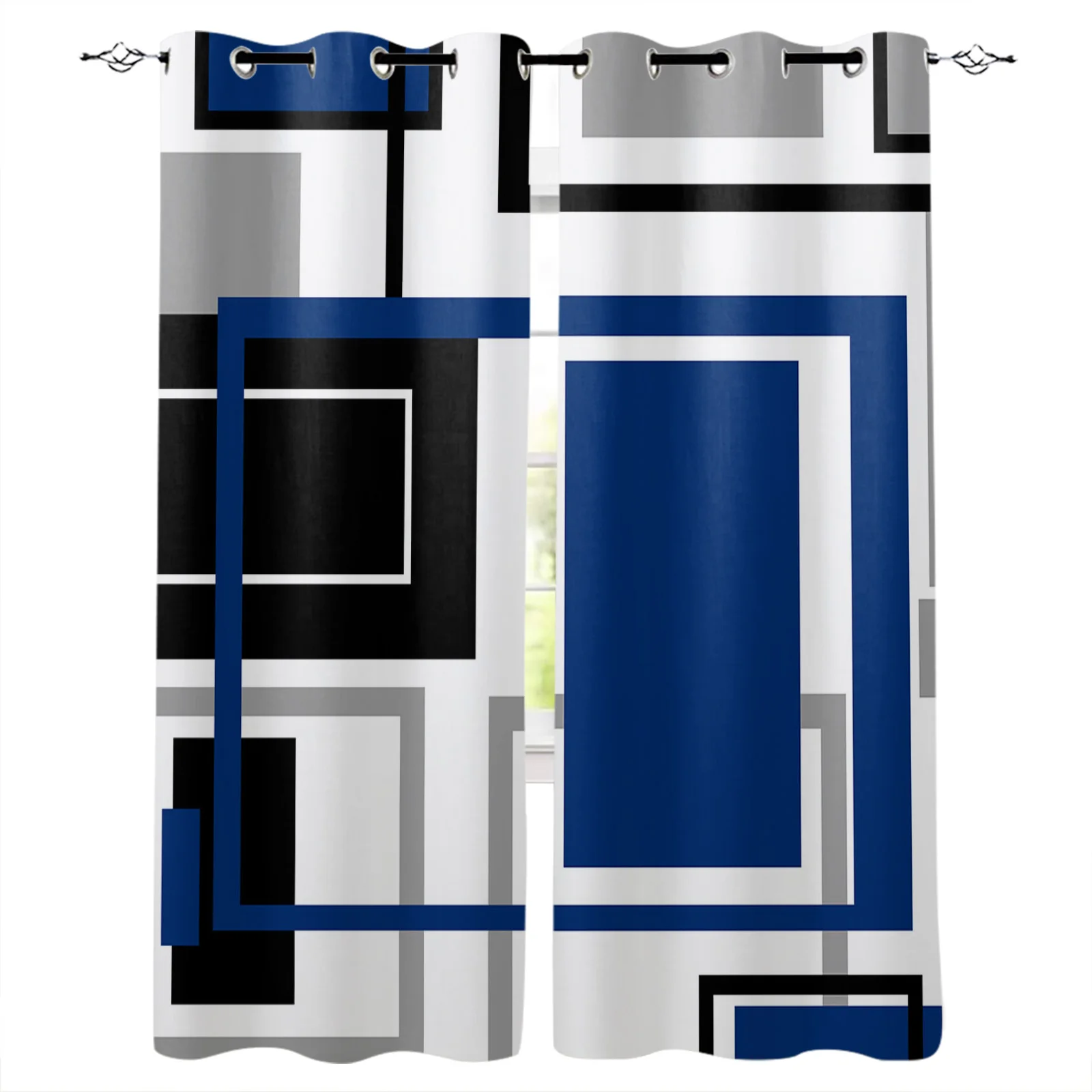 Abstract Squares Modern Art Blue Bedroom Curtains Modern Living Room Kitchen Drapes Home Kids Room Decor Window Curtains