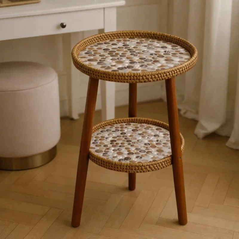 

Handcrafted Rattan Two Tier Side Table with Mother of Pearl Mosaic, Luxury Round End Table for Living Room Bedroom Furniture