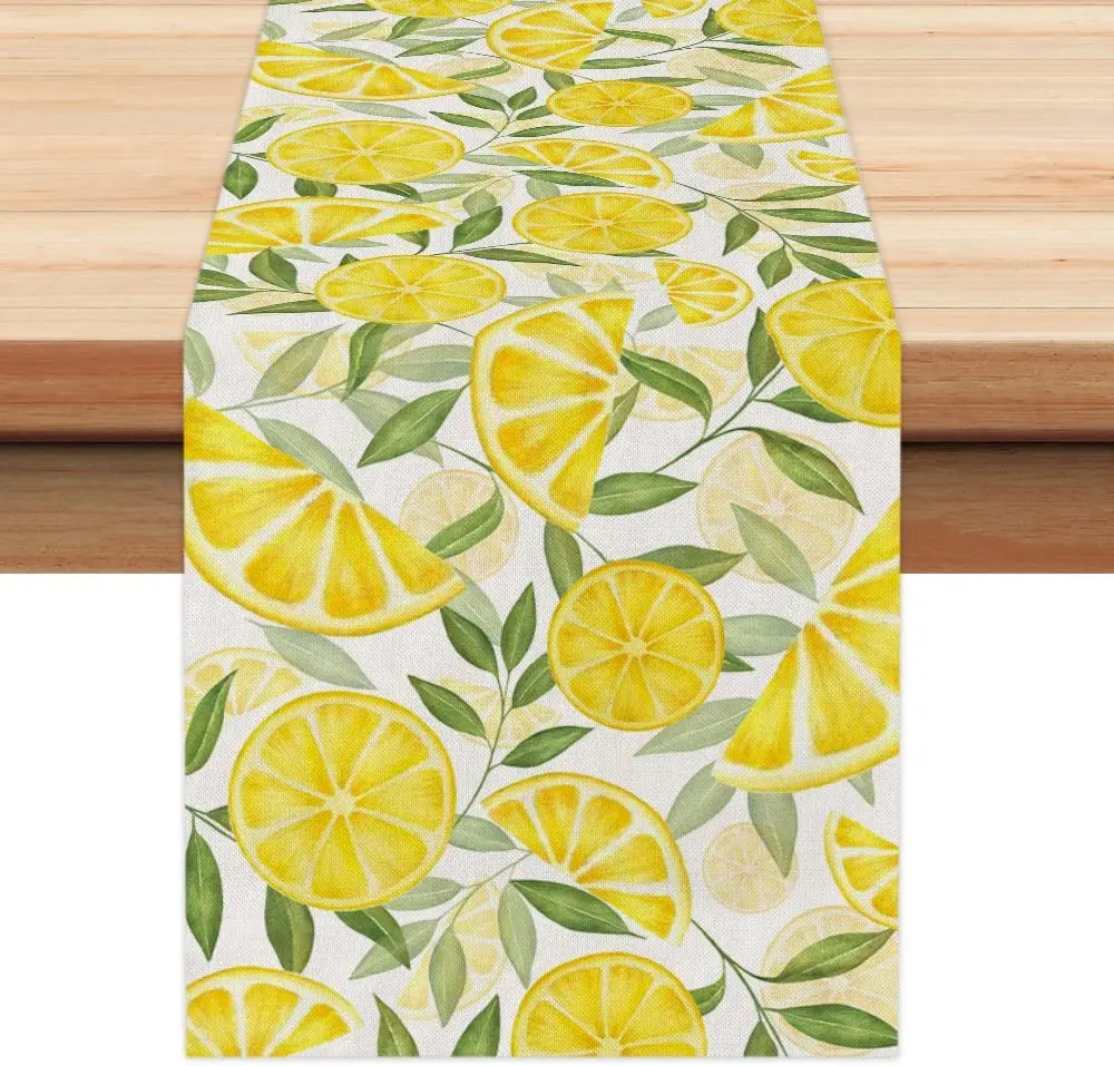 Summer Yellow Lemon Linen Table Runners Holiday Party Decorations Leaves Farmhouse Dining Table Runners Kitchen Table Decor