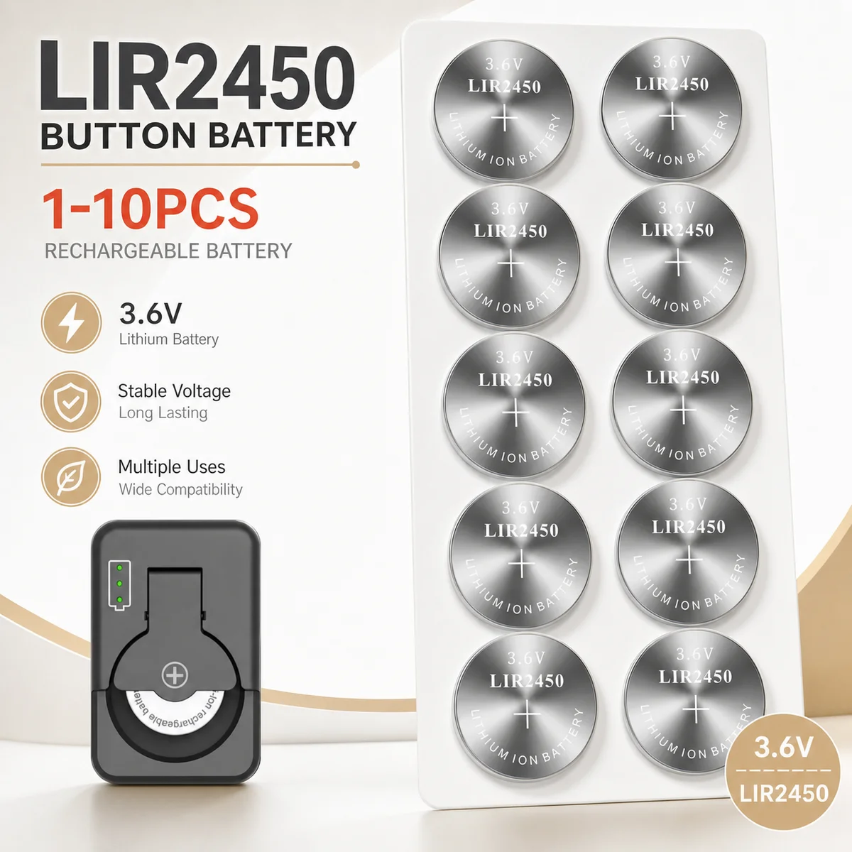 Rechargeable Lithium Coin Cell Battery LIR2450 3.6V 2-10PCS Replacement for CR2450 Button Cell for Watch Calculator