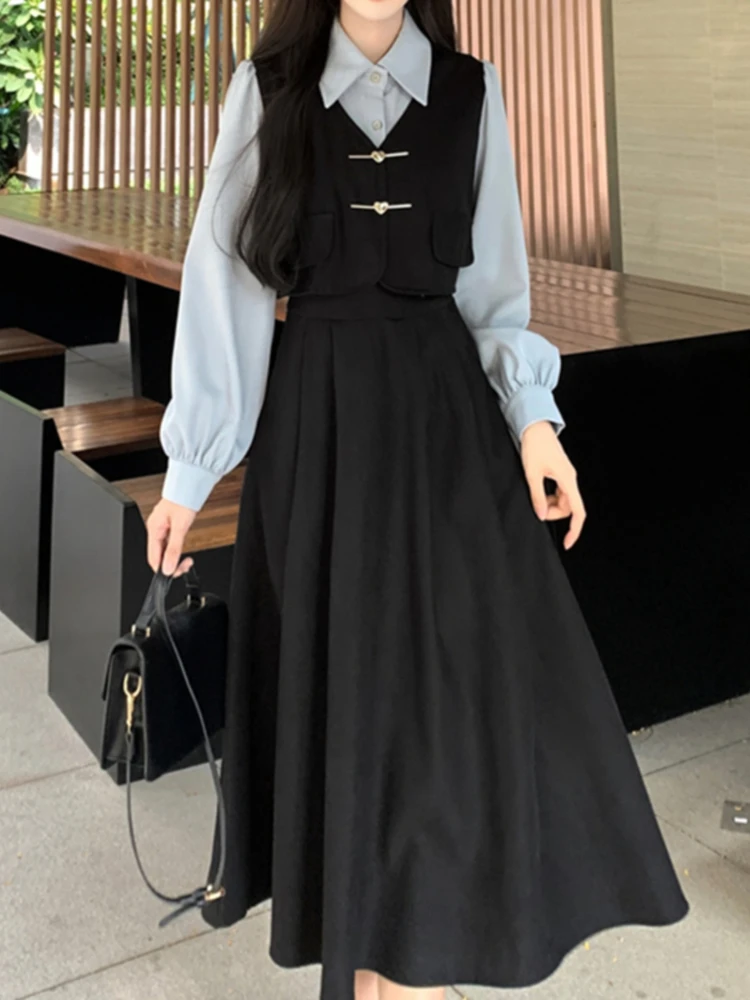 Plus Size Dresses for Women French Vintage Elegant Long Sleeve Fake Two Piece Dress Spring Autumn Female Slim 2024 New Clothing