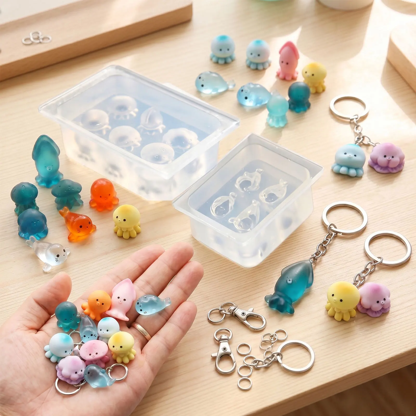 Sea Animal Crystal Clear Silicone Mold Octopus Seal Jellyfish Resin Casting Mould Keychain Bag Charm Car Keyring Purse Pendant