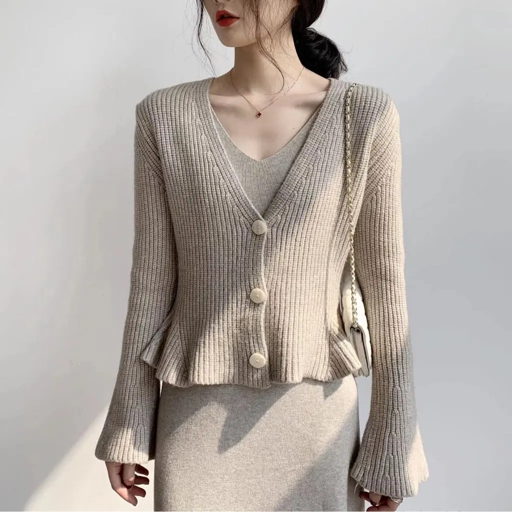 Gebreid vest voor dames met klokmouwen, V-hals, korte stijl, lente, herfst, elegante uitloper voor Golden Retriever