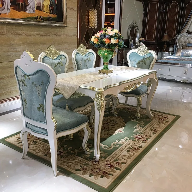

French solid wood dining table and chair combination, European simple carved rectangular fabric dining table and chair matching