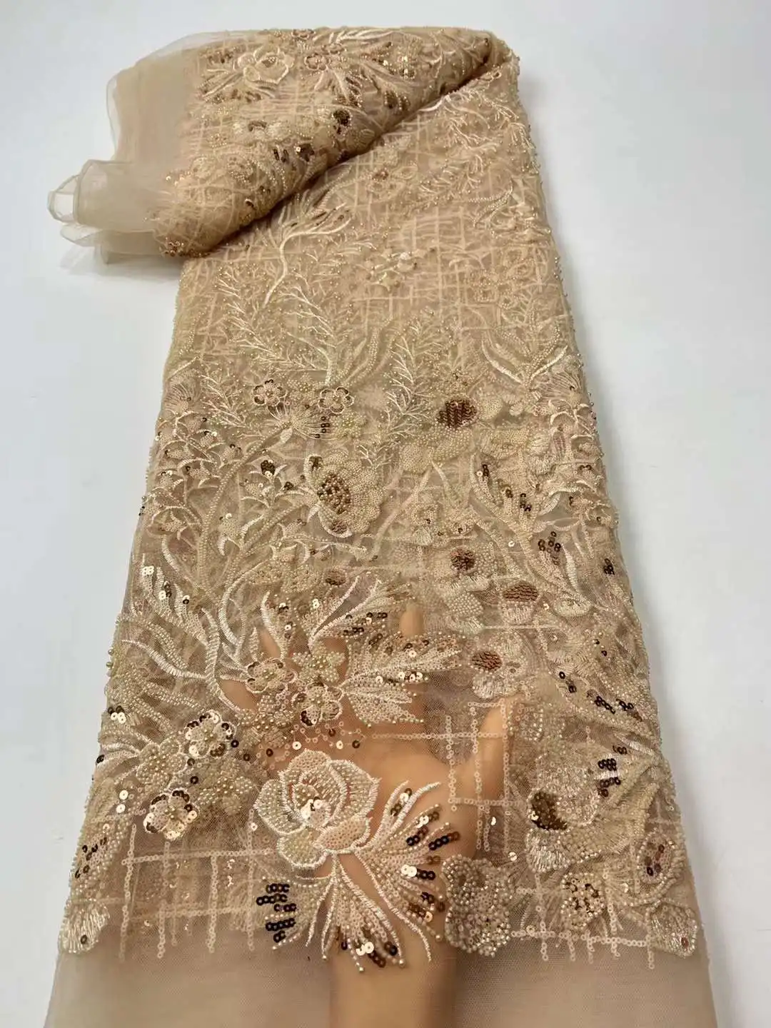 

Champagne Color High Quality Deisgn Nigerian Shinny Sequins Lace Fabric 19JRB-12103 French Embroidered Lady Show or Party Dress