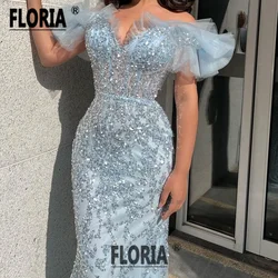 Light Blue Elegant Mermaid Evening Dress 2023 Sparkling Sequin Beadings Formal Party Prom Dresses Robe De Soiree Custom Made