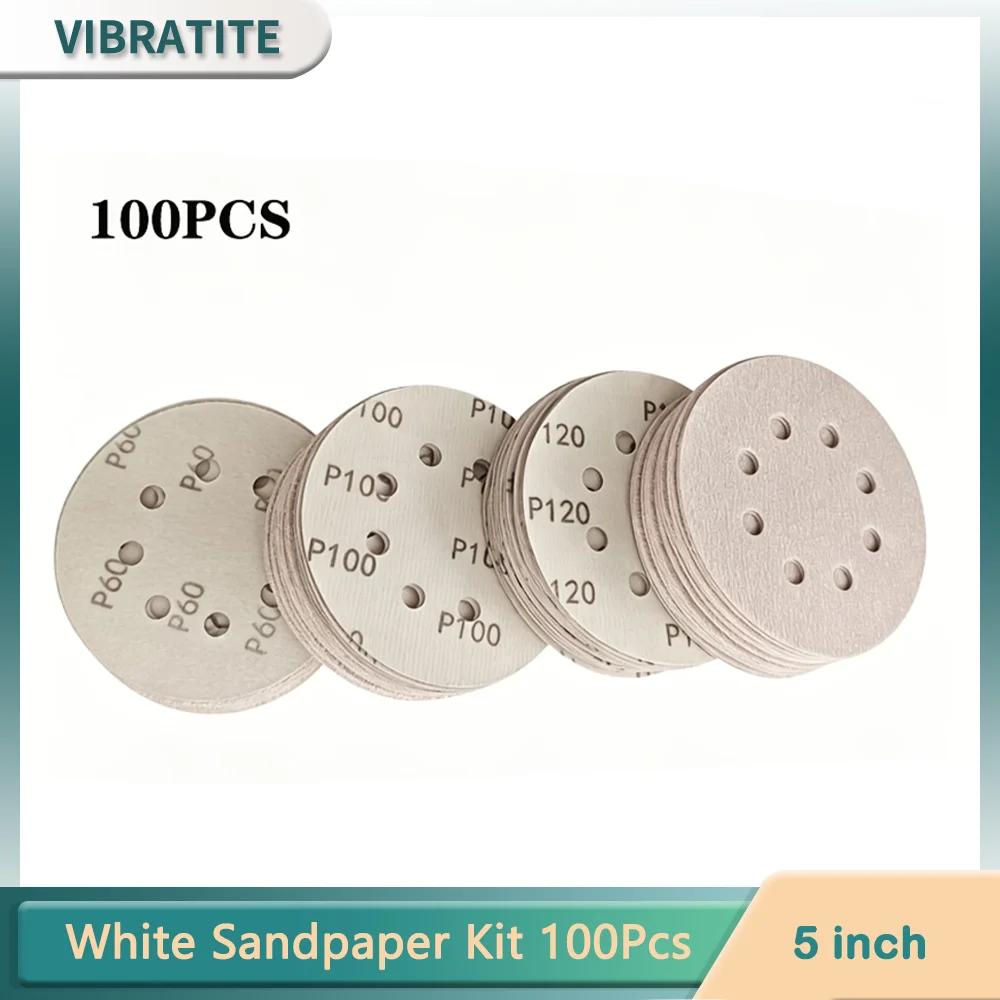 5Inch 125MM 8Holes White Sanding Paper Kit 100Pcs Assorted 60-150 Grit Aluminum oxide for Grinding Wood and Metal