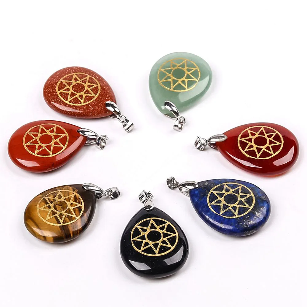 Natural Stone Handmade Engrave Ishtar Star Mesopotamian Reiki Symbol Pendant Men Women Charm Necklace Healing Crystal Jewelry