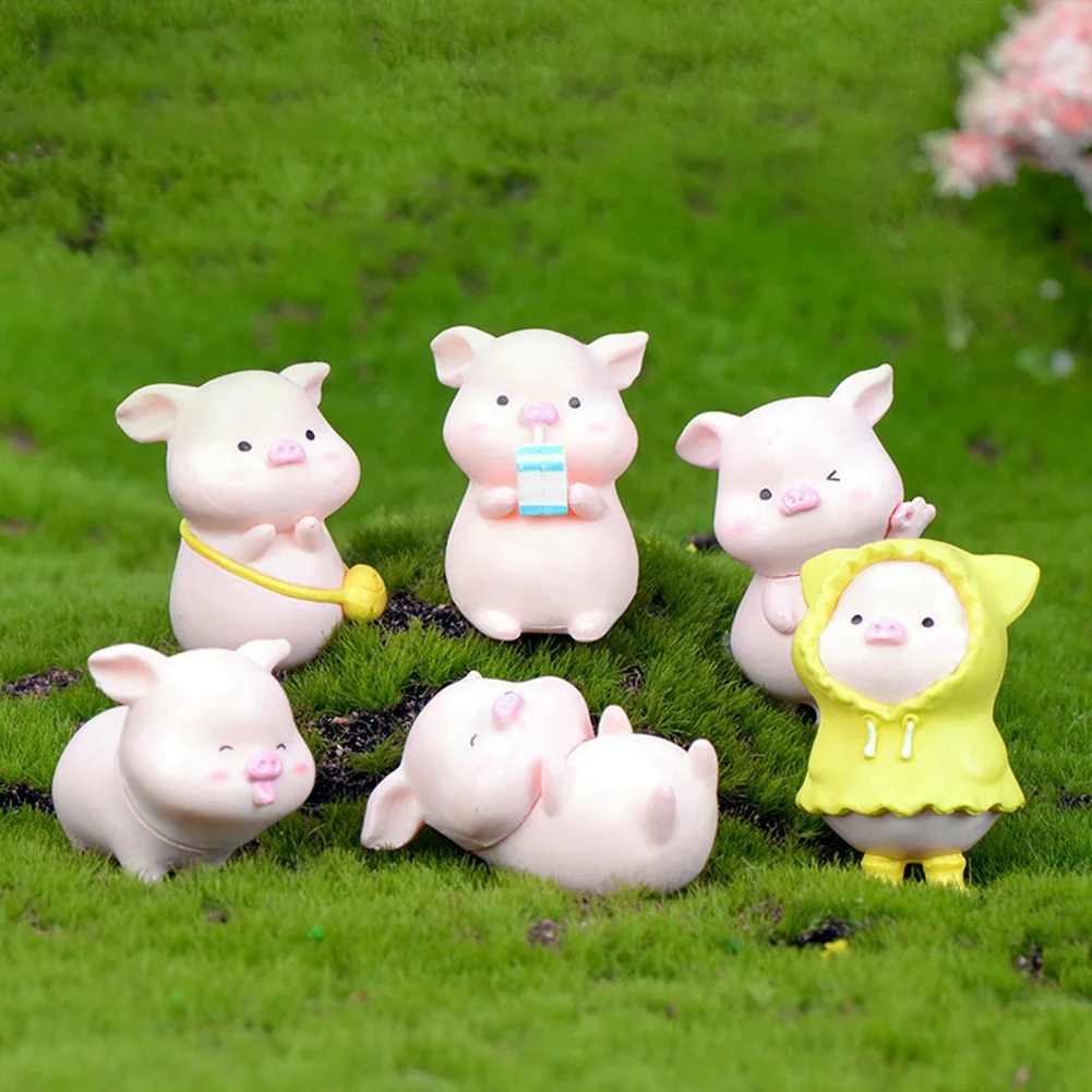 AA14 6 PCS Pink Plastic Cute Pig DIY Crafts Resin Pig Cake Decoration Fairy Garden Decoration Party Decorations