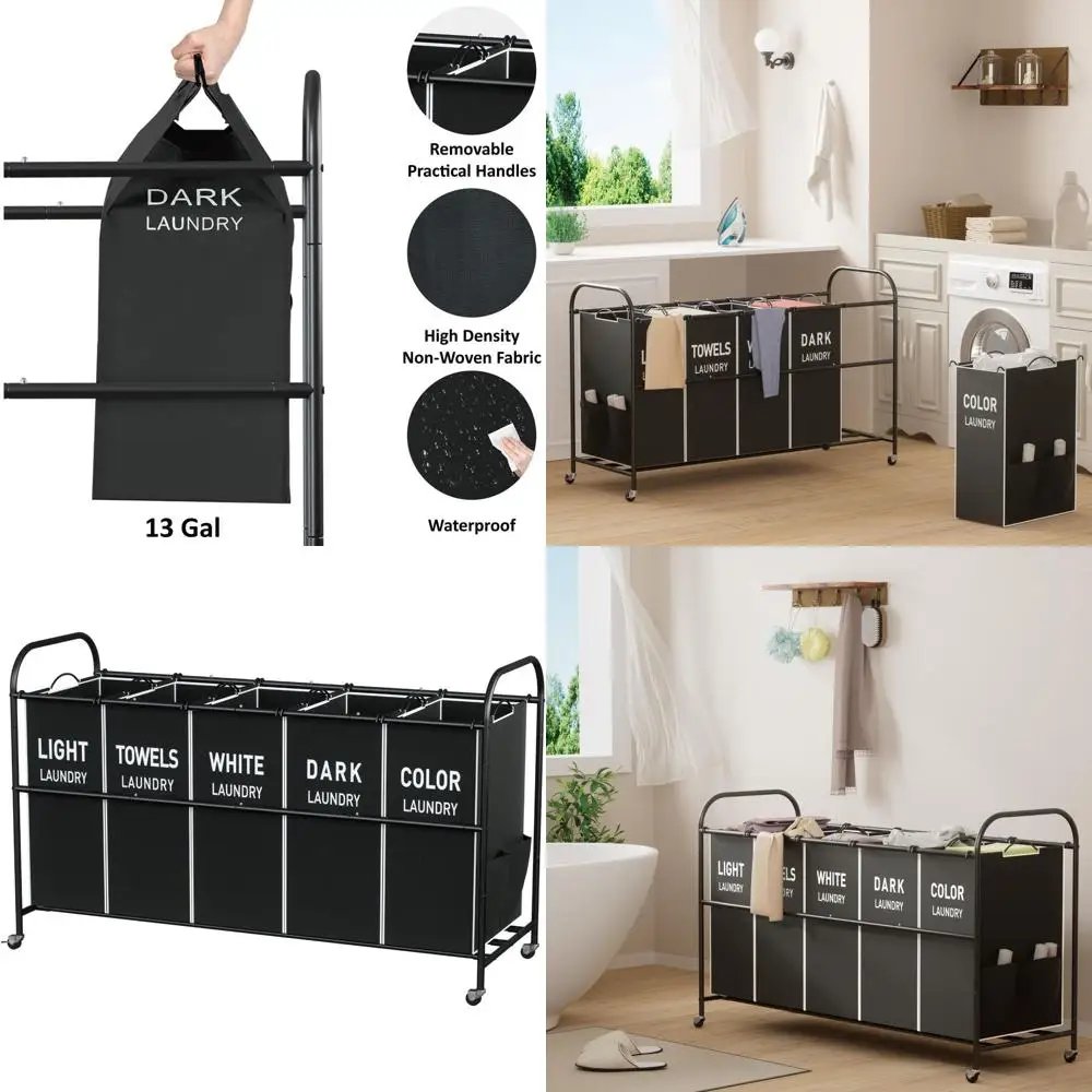 

Тележка для белья на 5 секций с блокируемыми колесами, большая корзина для хранения одежды, черная