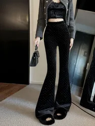 Korean Velvet hot diamond plush wide leg pants for women autumn winter 2024 new high waist straight leg casual pants flare