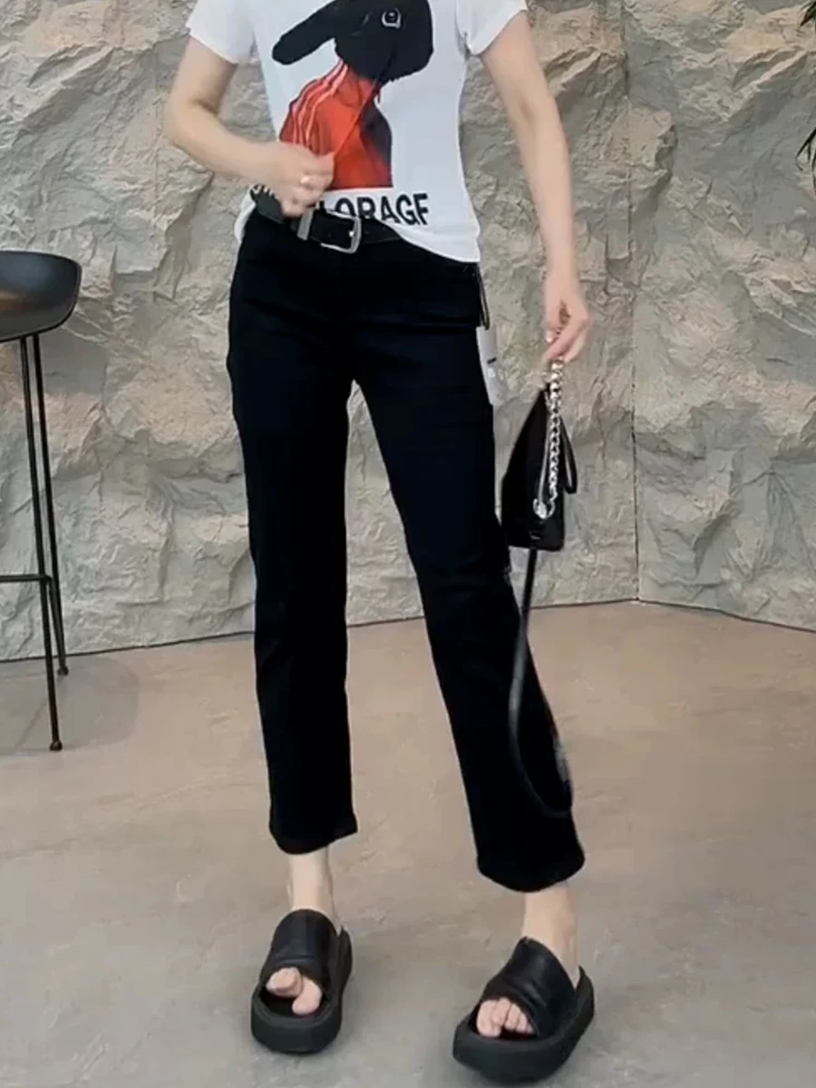 

Большие размеры, джинсы с высокой талией, черные эластичные джинсы, женские весенне-летние узкие прямые брюки-трубы, повседневные хлопковые эластичные джинсы