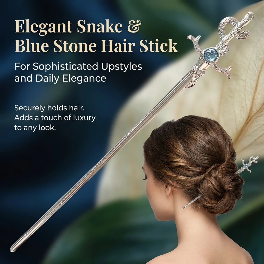 Neue chinesische Schlangenförmige Haarnadel mit Mondsteinen, modische Metall-Hanfu-Haarnadel, Haarstäbchen, Kopfschmuck, Haar-Accessoires, Geschenk – Detail 6