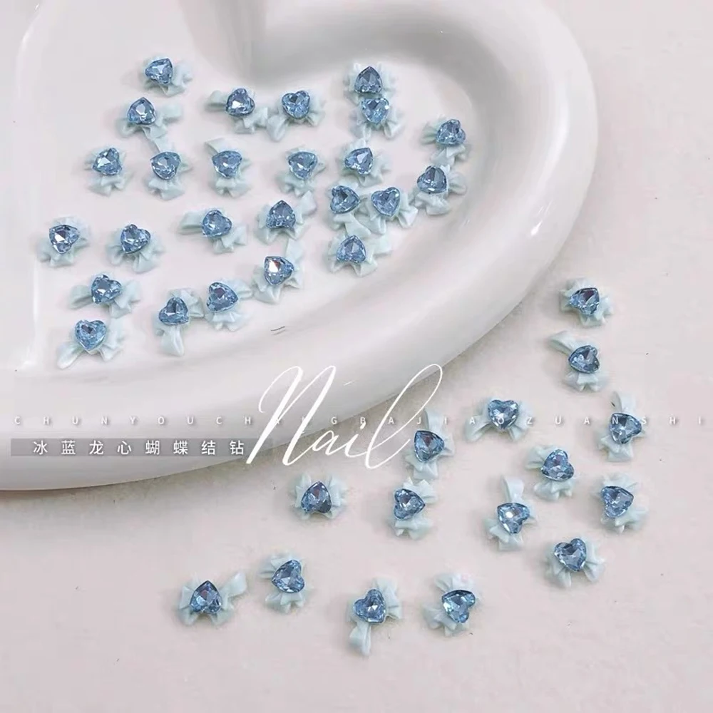 New Mint Blue Bow Nail Decoration 10 Pieces 8-10-12-14mm Summer Fashion Resin Zircon Nail Charm Women's Party Nails Accessories