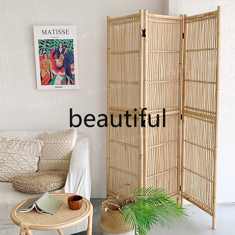 Japanese rattan braided screen folding screen entrance mobile homestay partition natural Indonesian rattan living room