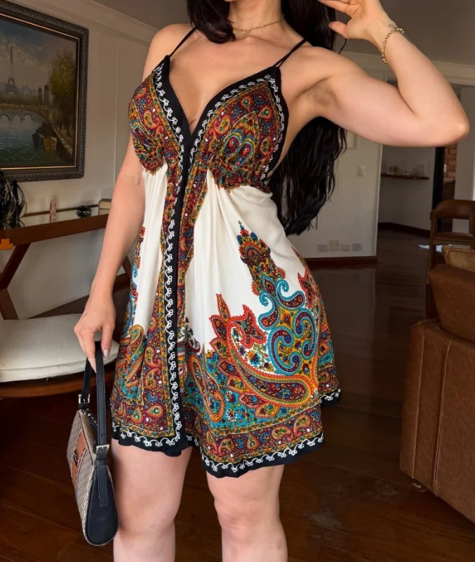 

Geometric Bohemian Style Printed Suspender Cross Backless Casual Beach Dress, Summer Women's V-Neck Sleeveless Halter Dress