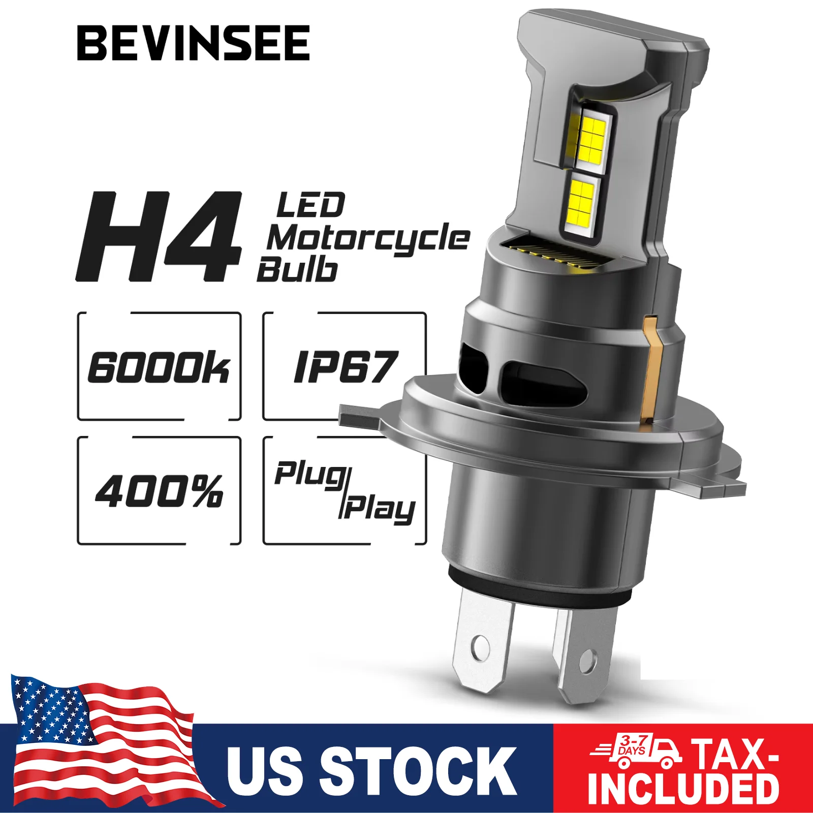 

BEVINSEE 35W H4 Hi/Lo Beam LED Motorcycle Headlight Bulb Wireless Super Bright 6000LM CANBUS Halogen Size H4 Moto Bulb 6000K 12V
