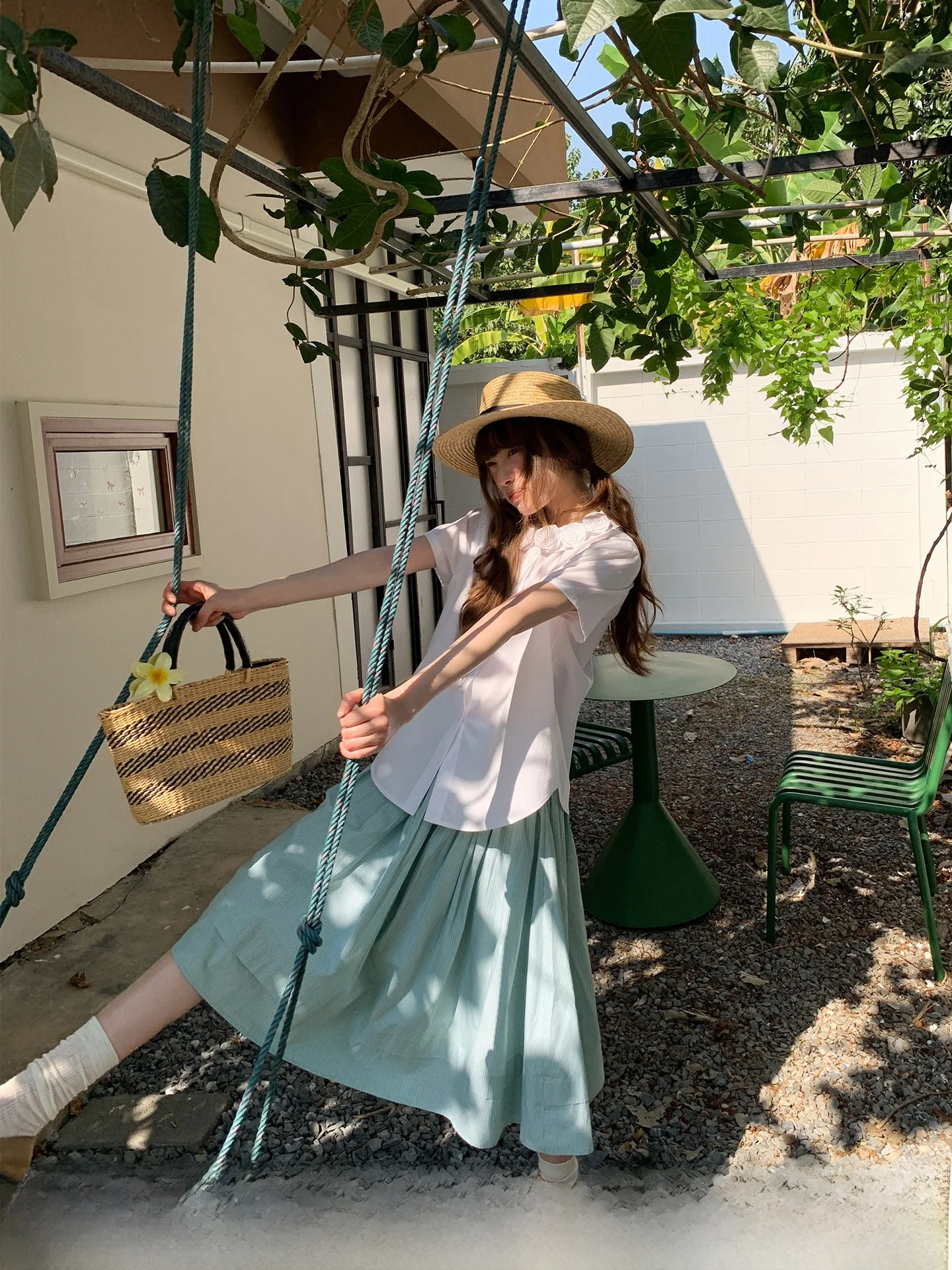 

Юбка с зелеными полосками, плиссированная, А-силуэт, с завышенной талией, для женщин, летняя коллекция, хлопковый материал, объемное украшение