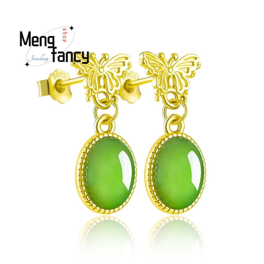 

Genuine Spinach Green Natural Material And Field Jade Jasper Earrings Female Models S925 Silver Inlaid Jade Temperament Earrings