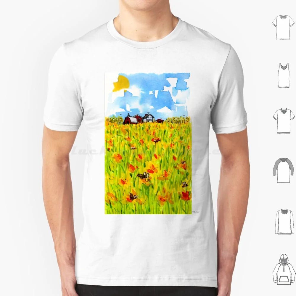Beautiful Farm Scene With Bees Barn And Yellow Orange And Red Flowers T Shirt Men Women Kids 6xl Blue Sky Sunshine Farm Barn