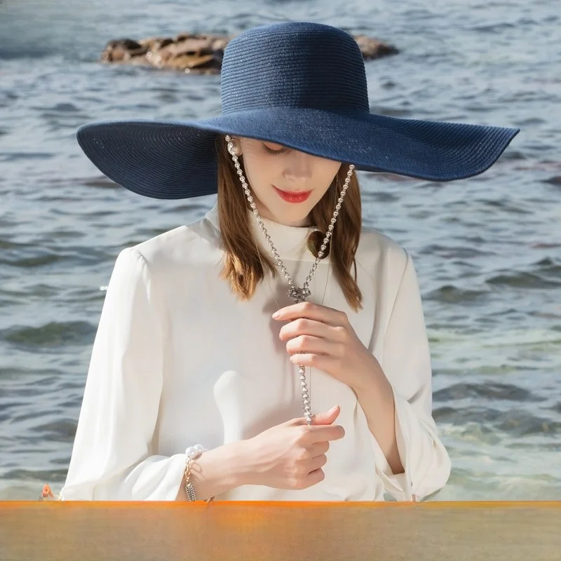 ee-麦わら帽子-大きなつば付き-ビーチ旅行用-女性用帽子-洗える-おしゃれ-夏-日焼け防止-カジュアルスタイル-ラウンドトップハット