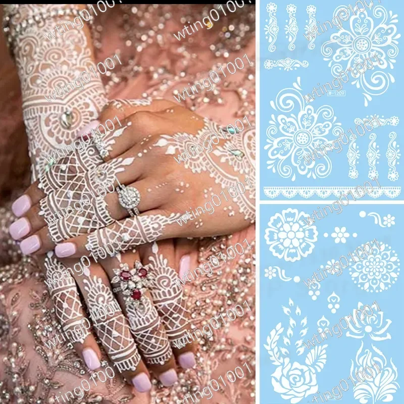 for Henna Tattoo Sticker White Lace Design Waterproof Temporary Body Art for Hand Back India Style Long Lasting Decorative