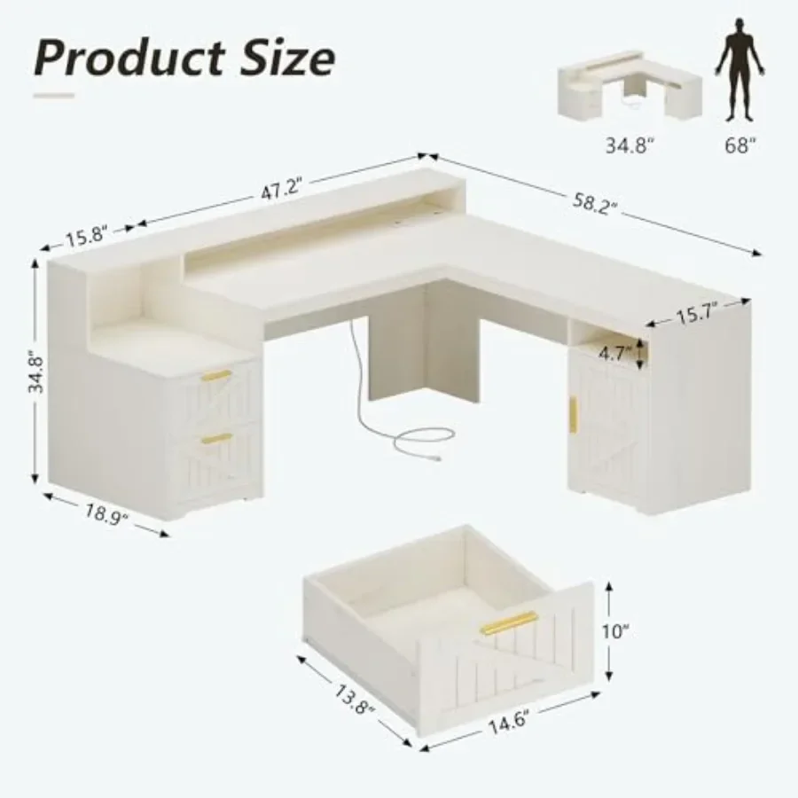Farmhouse L-shaped desk for home office use, made of engineered wood in white finish, featuring spacious drawers and dedicated