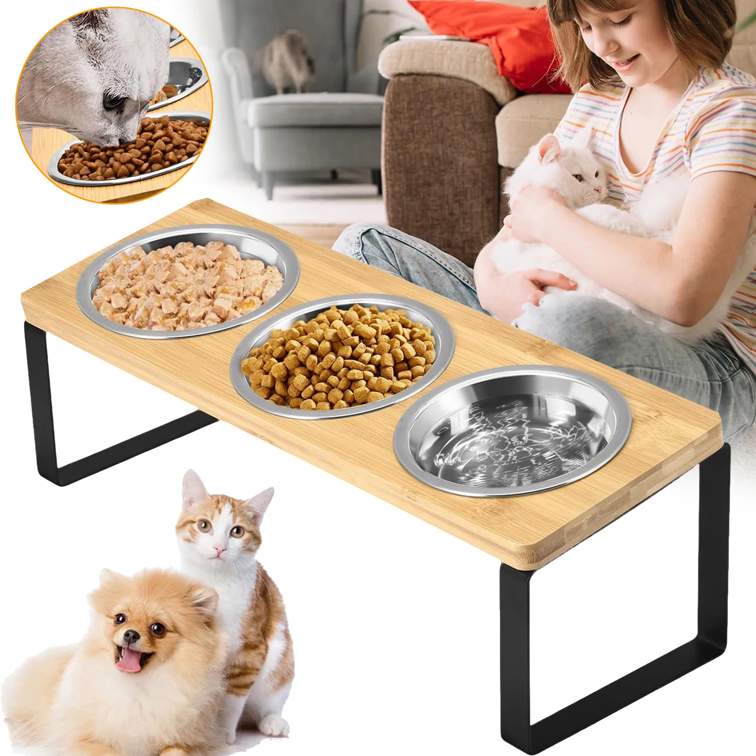 3 ciotole per gatti in acciaio inossidabile con 15 ° Ciotola per Alimenti Inclinata e Rialzata con Base per Gatti, Cuccioli e Cani di Piccola Taglia