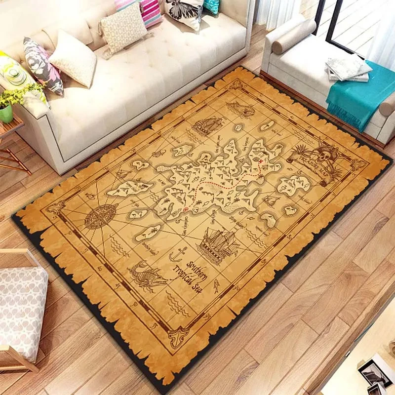 Antique Pirate Treasure Map Carpet Rug for Kids Bedroom Play Mat Living Room Bathroom Rug Home Decor Children's Crawling Mat