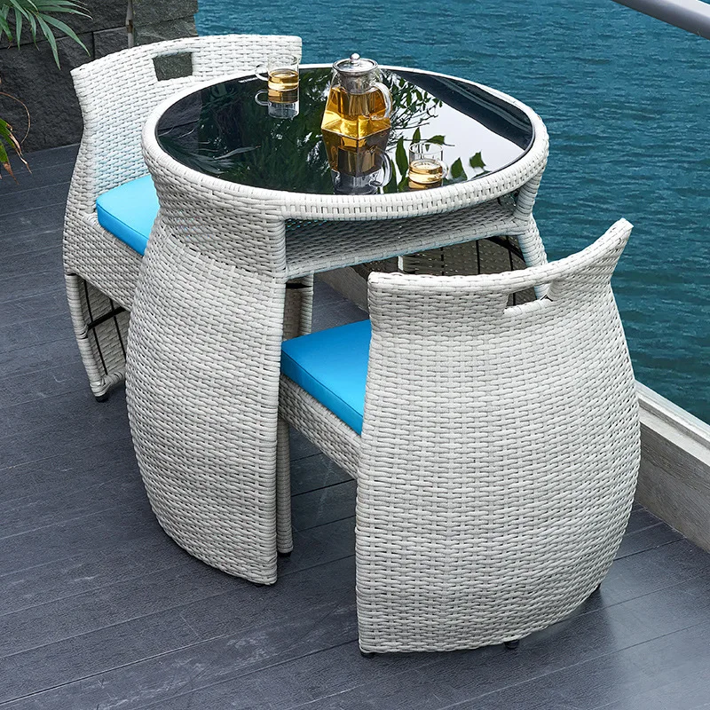 Balcony tables and chairs rattan chairs, coffee table one table and two chairs three-piece set, outdoor courtyard leisure rock