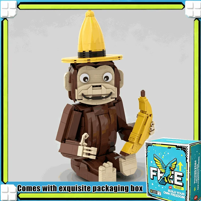 834PCS MOC Cute Cartoon Monkey Figure With Hat And Banana Model Building Blocks Custom Puzzle DIY Assembly Display BirthdayGift
