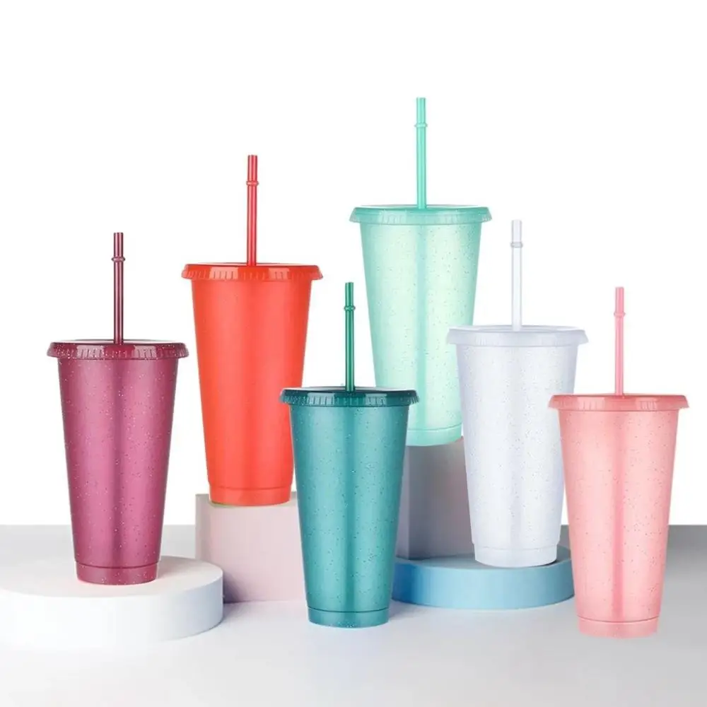 1 PCS Reusable Straw Drinking Cup Personalized Flash Powder Water Bottle Durable Plastic Tumblers With Straws,Lid