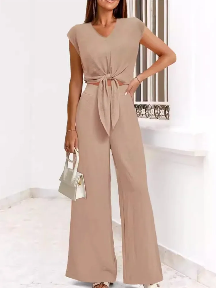 Women\'s Summer Collection Solid Color Fashion Sleeves Sexy V-neck Strap Waist Short Top With Pocket Wide Leg Pants 2-piece Set