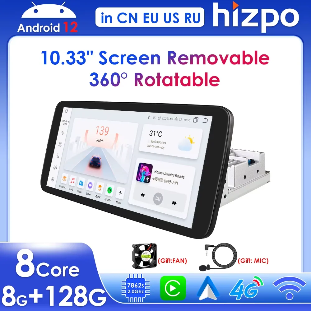 Hizpo 1 Din Car Radio Multimedia Player Detachable Panel 10.33" Wireless Carplay Android 360° Rotatable Universal Stereo GPS BT